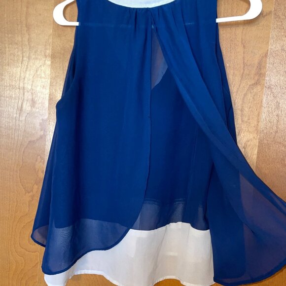 Paper Crane Womens Sleeveless Navy Beige Chiffon Layered Blouse Button Size M - Picture 6 of 7